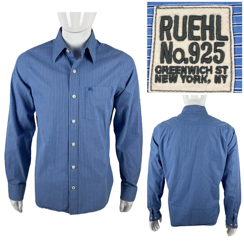 Ruehl No 925 Mens Medium Shirt Blue Stripes Button Front Long Sleeve Vintage